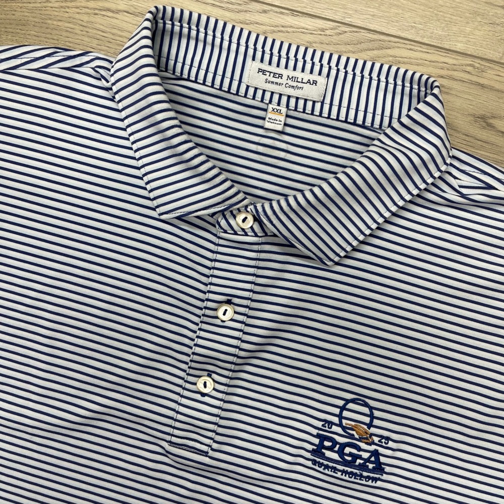 Peter Millar Polo Shirt Mens XXL Blue Striped PGA Quail Hollow Summer Comfort